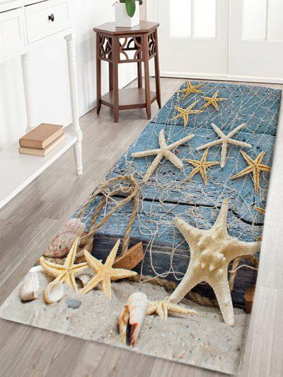 

Starfish Wood Plank Pattern Flannel Bath Mat, Blue