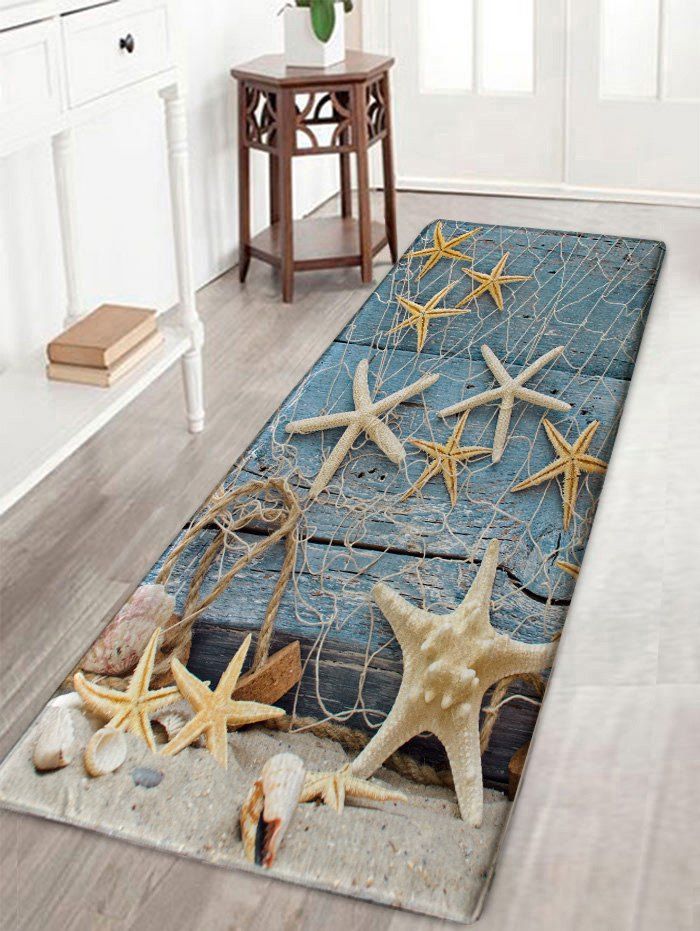 

Starfish Wood Plank Pattern Flannel Bath Mat, Blue