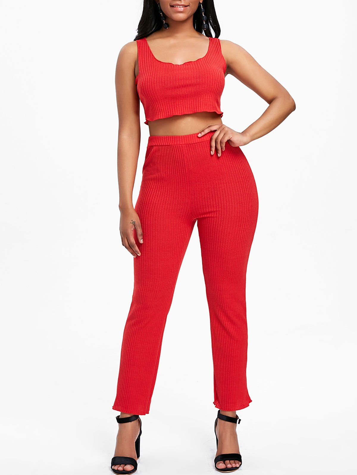 

Ribbed Crop Tank Two Piece Set, Red