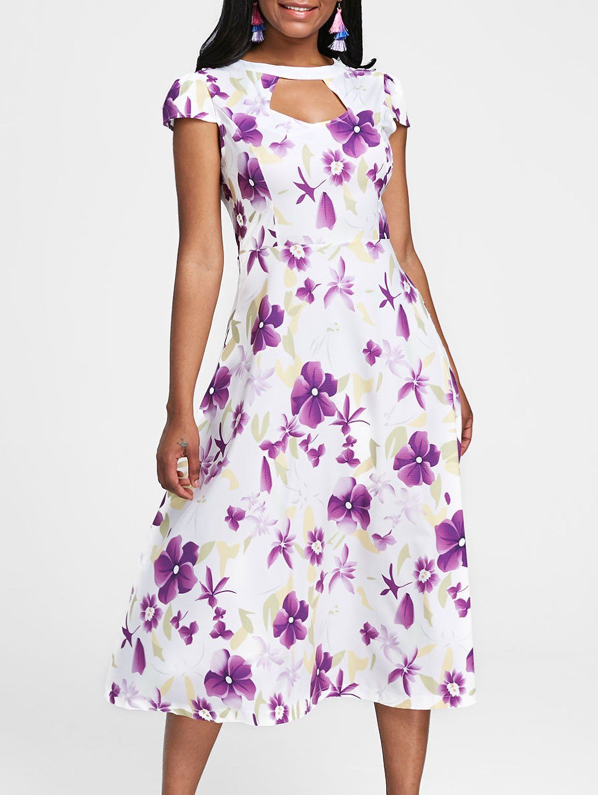 

Short Sleeve Cut Out Floral Print Dress, Multi