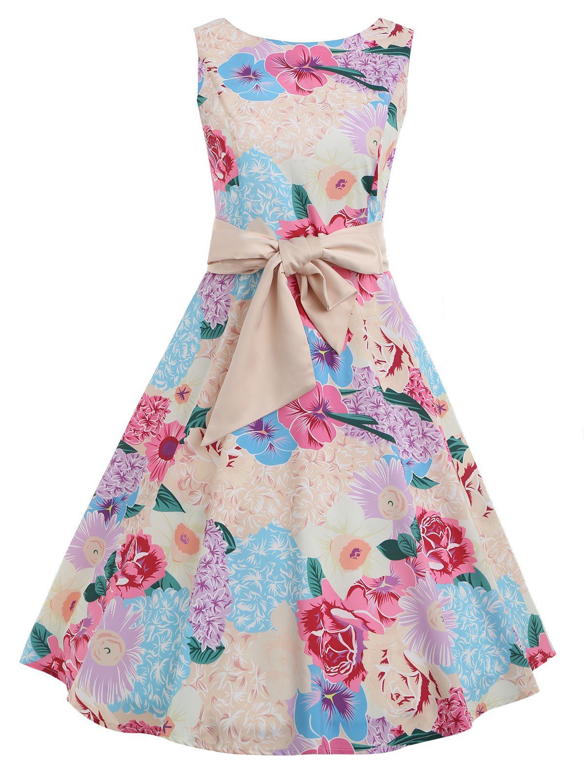 

Vintage Floral Print Sleeveless A Line Dress, Multi