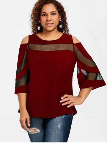 Plus Size Mesh Insert Cold Shoulder Top, Red