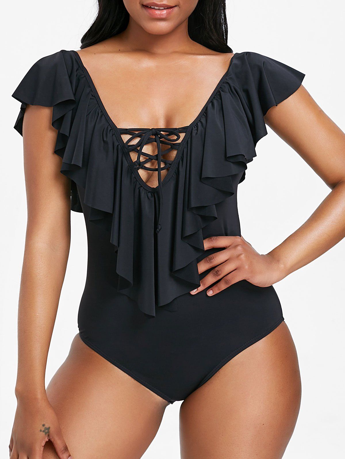 

Plunge Ruffle Cut Out One Piece Swimsuit, Black