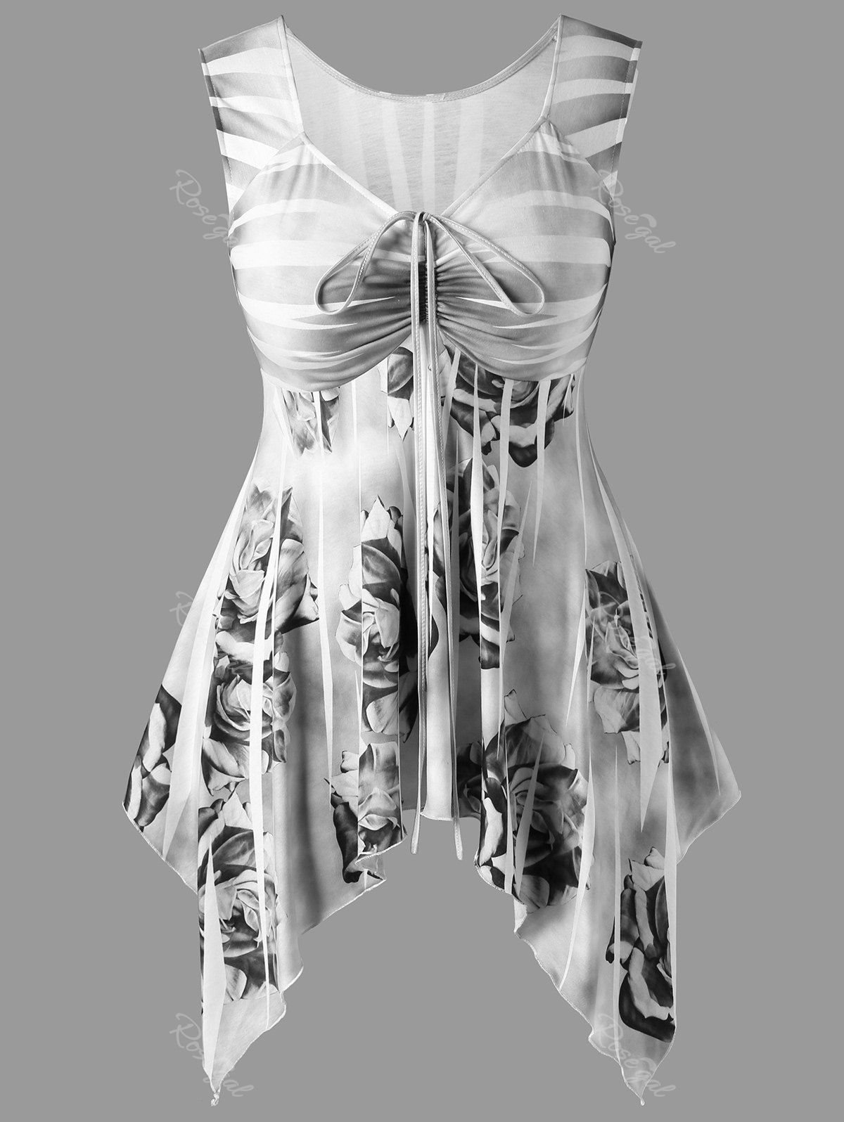 

Plus Size Striped Floral Handkerchief Top, Black and grey