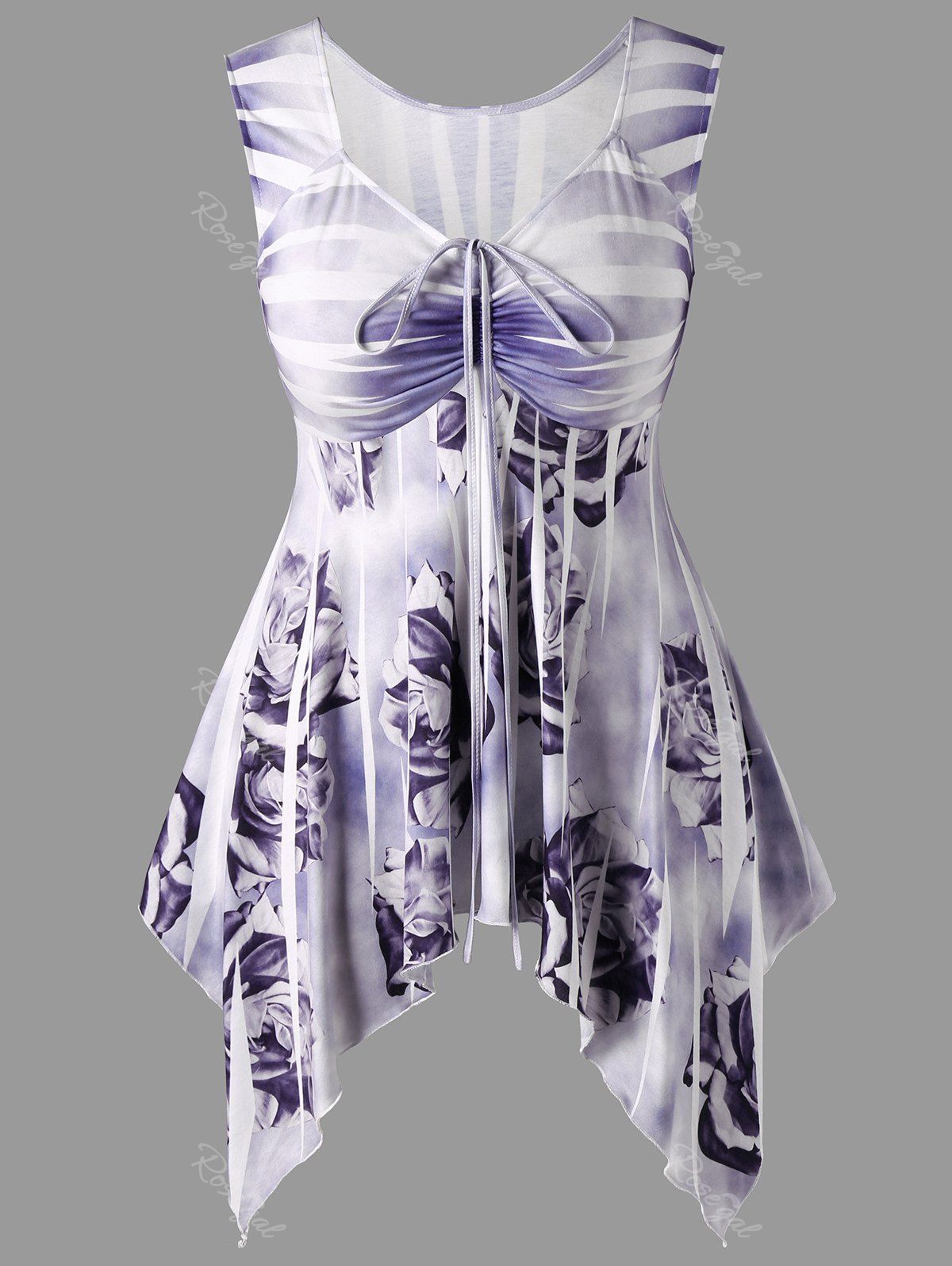 

Plus Size Striped Floral Handkerchief Top, Purple
