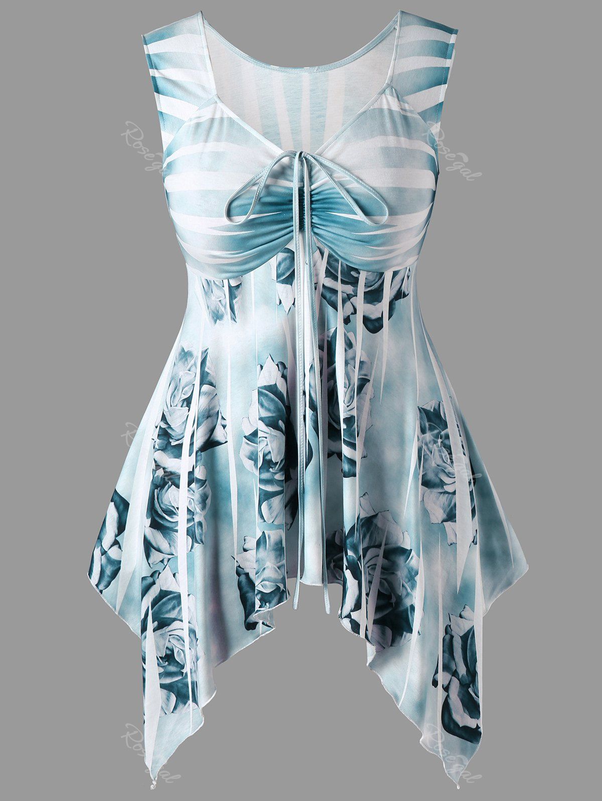 Plus Size Striped Floral Handkerchief Top, Blue green