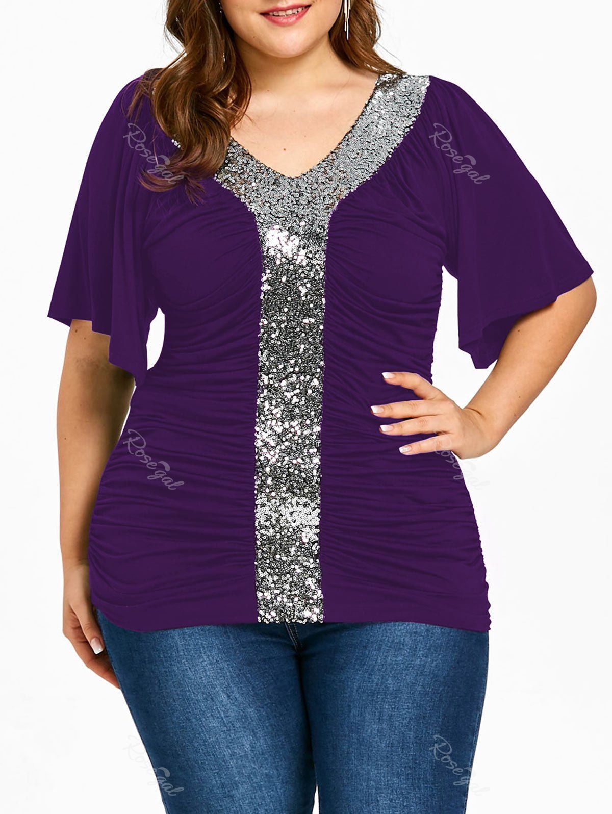 

Plus Size Sequined Sparkly Ruched T-shirt, Purple