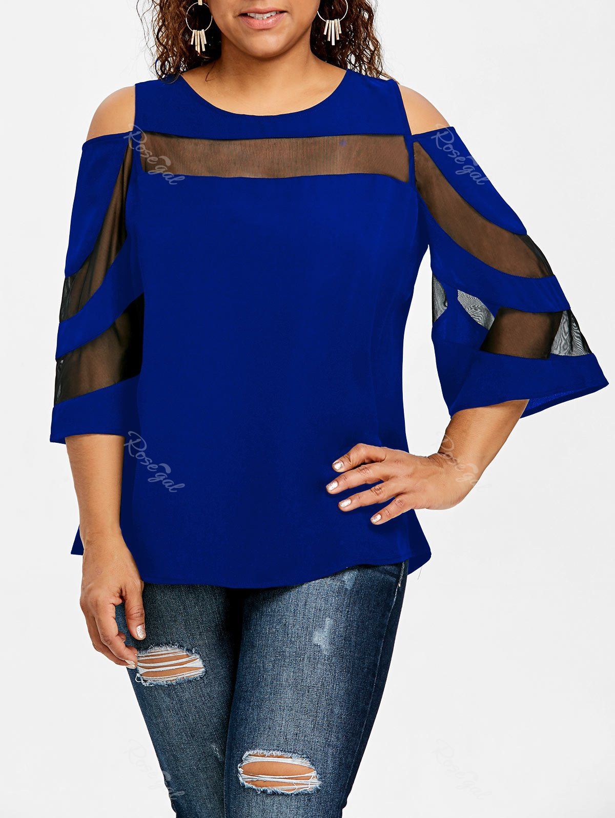 

Plus Size Mesh Insert Cold Shoulder Top, Blue