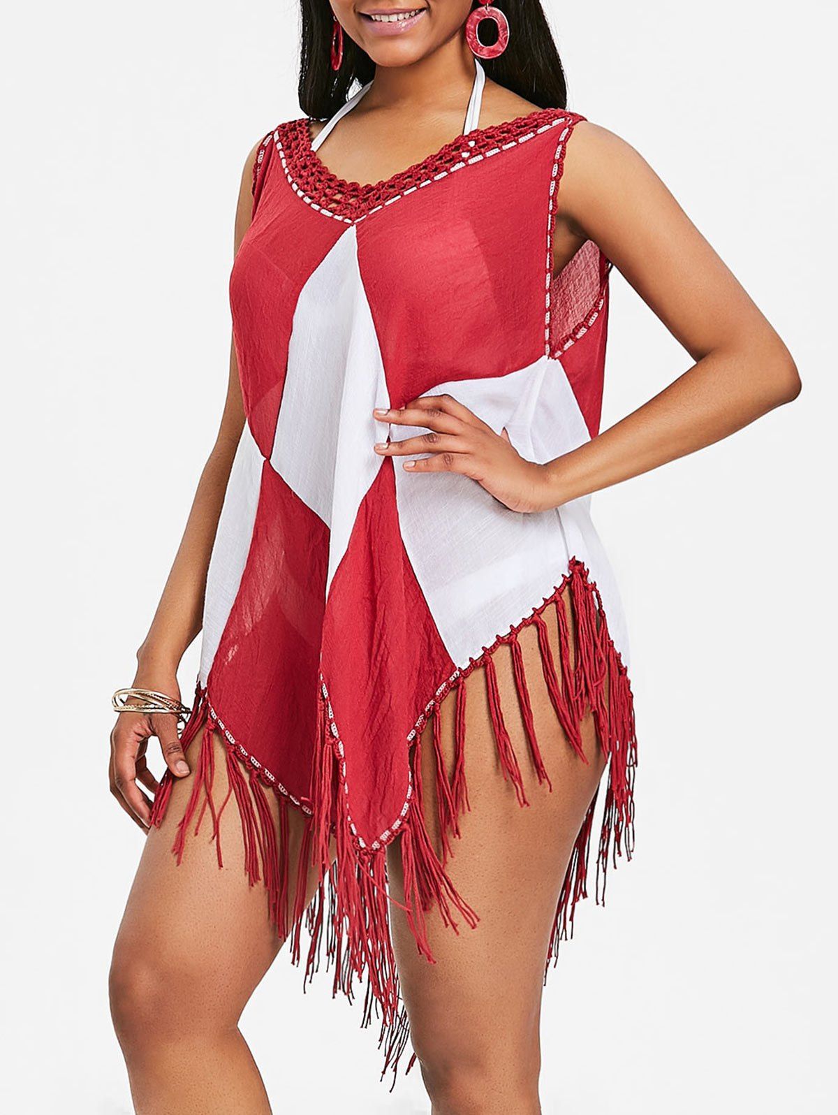 

Asymmetric Sleeveless Fringed Cover Up, Red