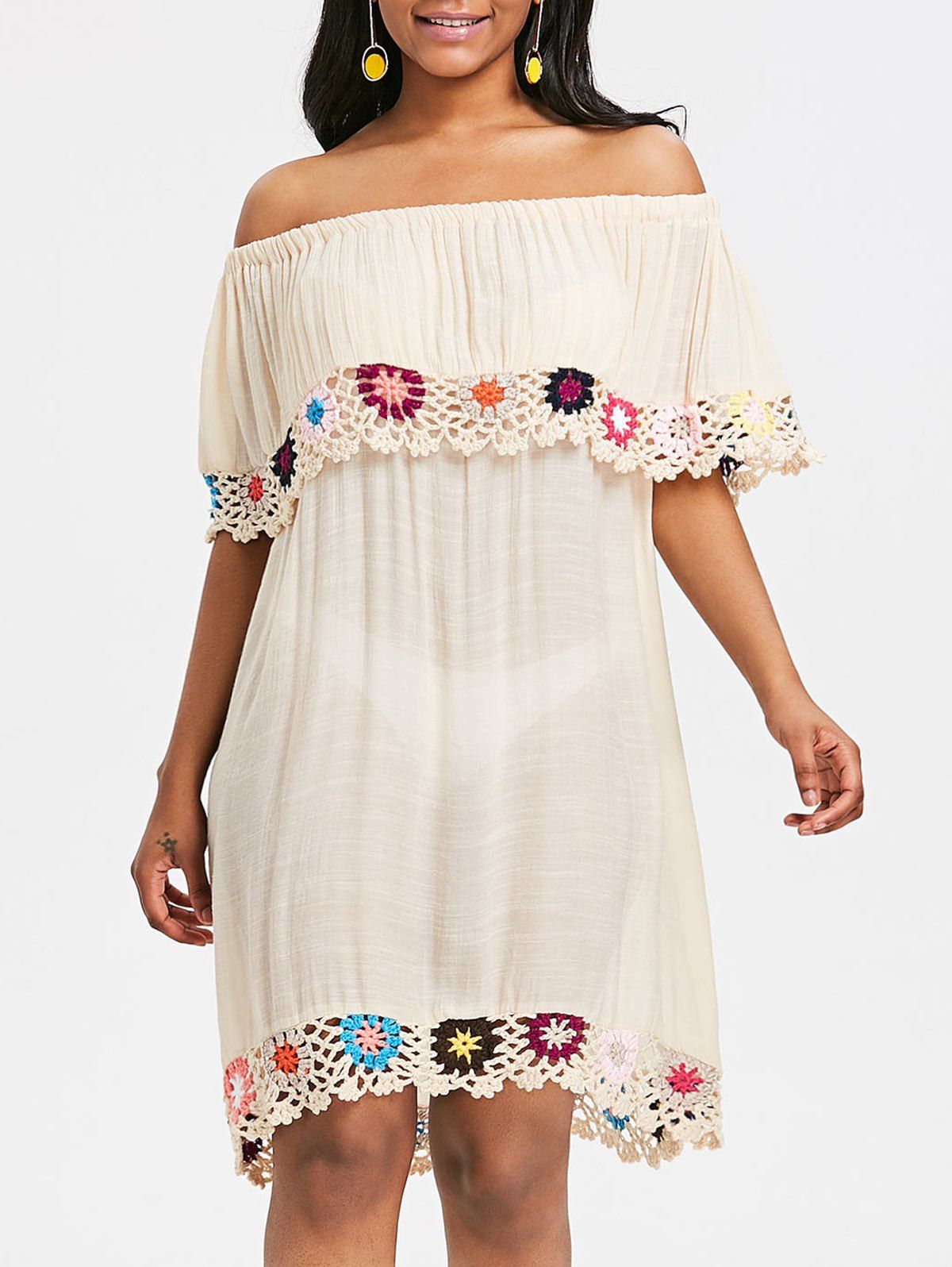 

Crochet Trim Shift Beach Cover Up Dress, Beige