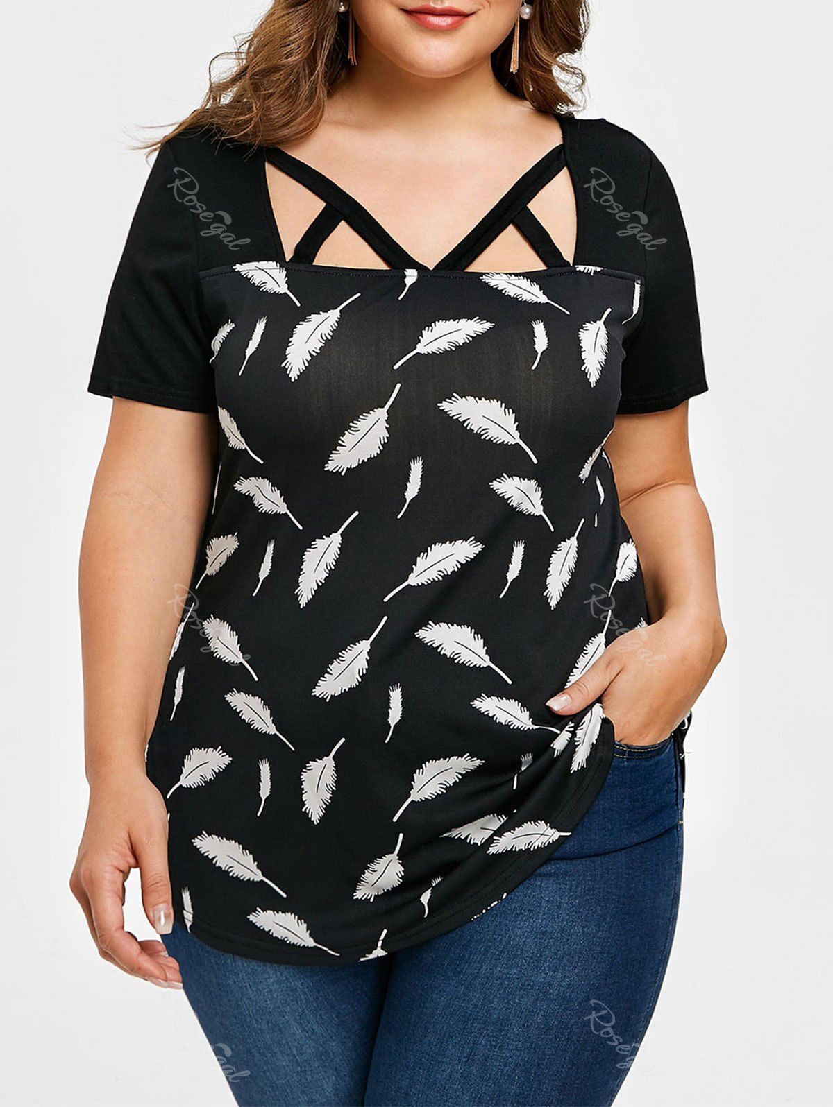

Plus Size Feather Printed Cut Out Tunic T-shirt, Black