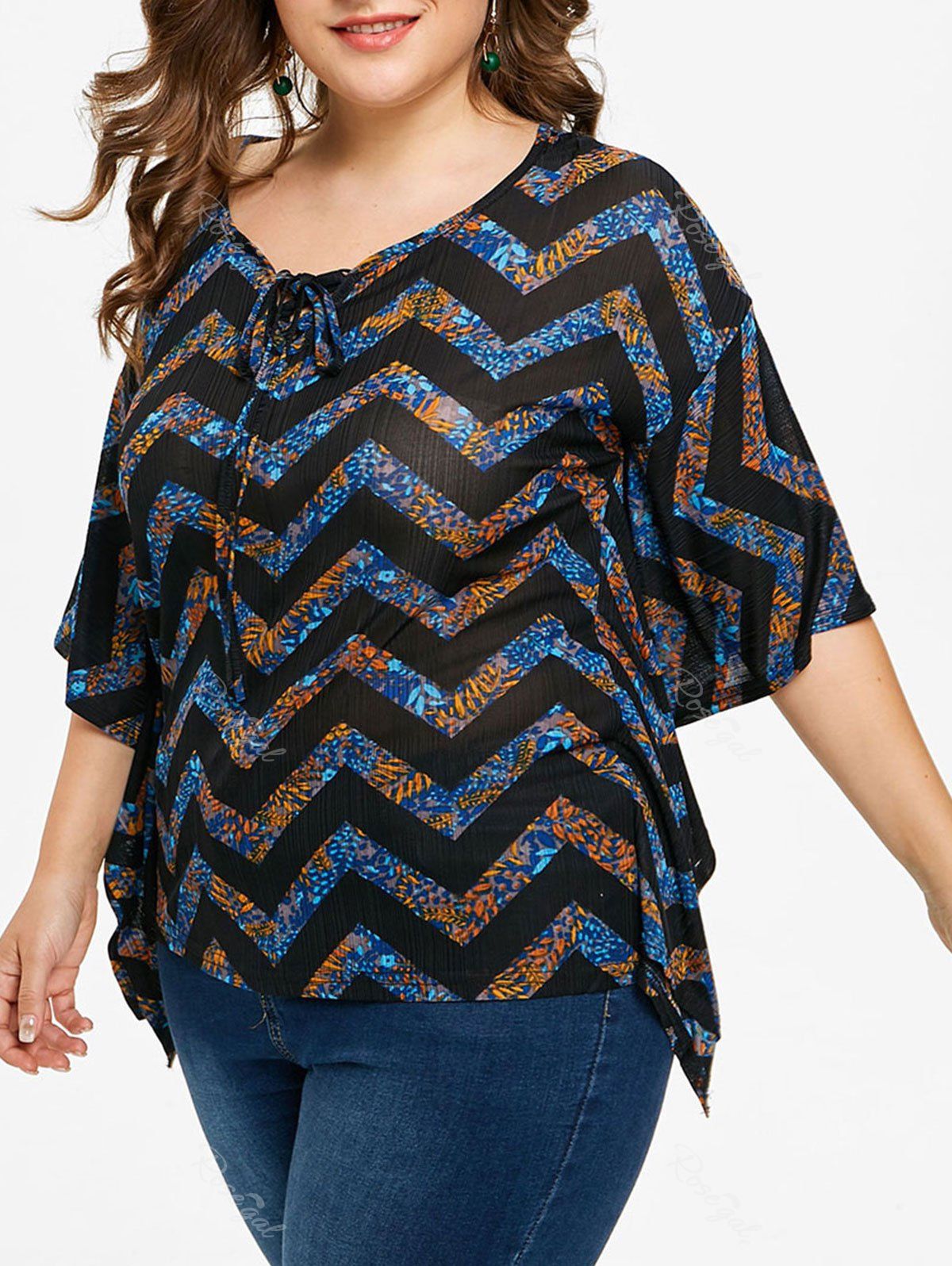 

Plus Size Zig Zag Lace Up Blouse, Multi