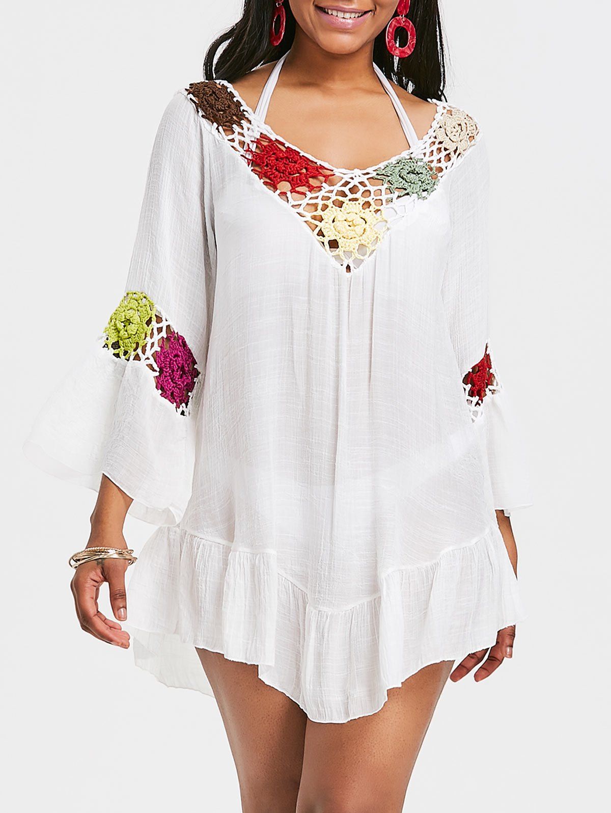 

Flare Sleeve Flounce Crochet Insert Cover Up, White