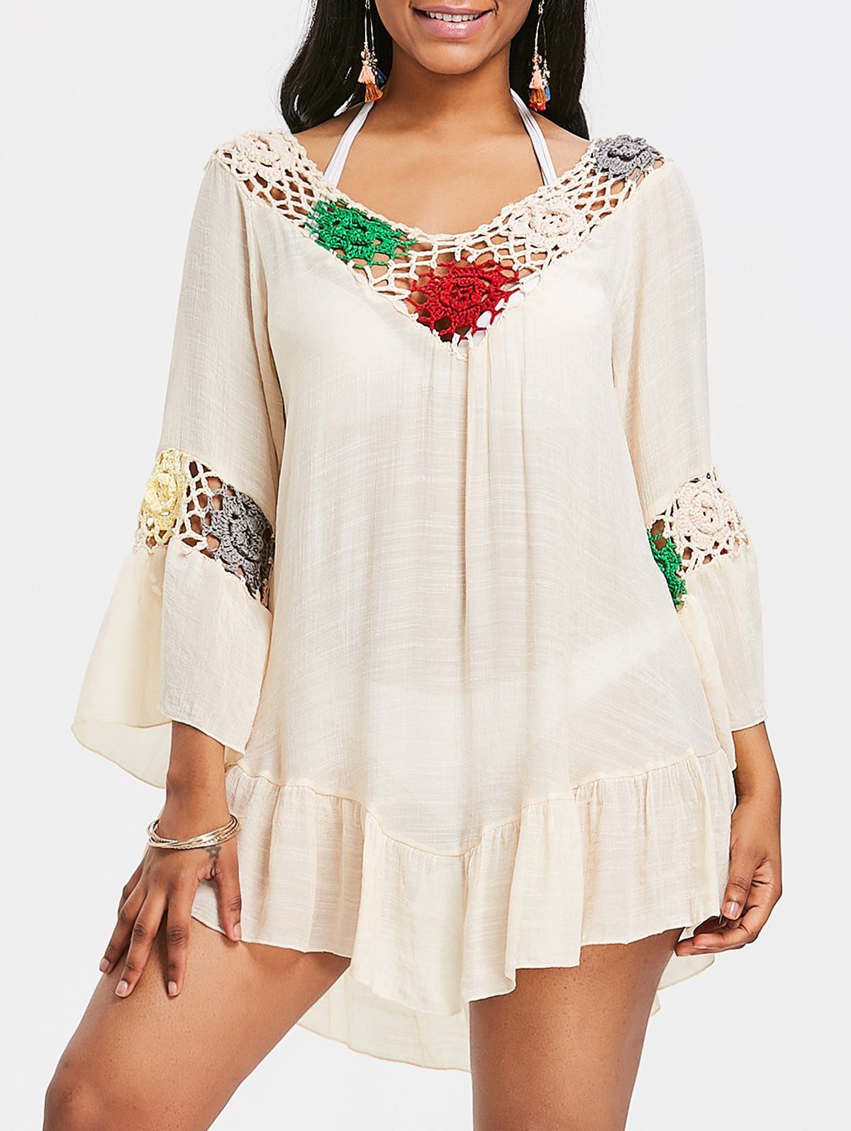 

Flare Sleeve Flounce Crochet Insert Cover Up, Beige