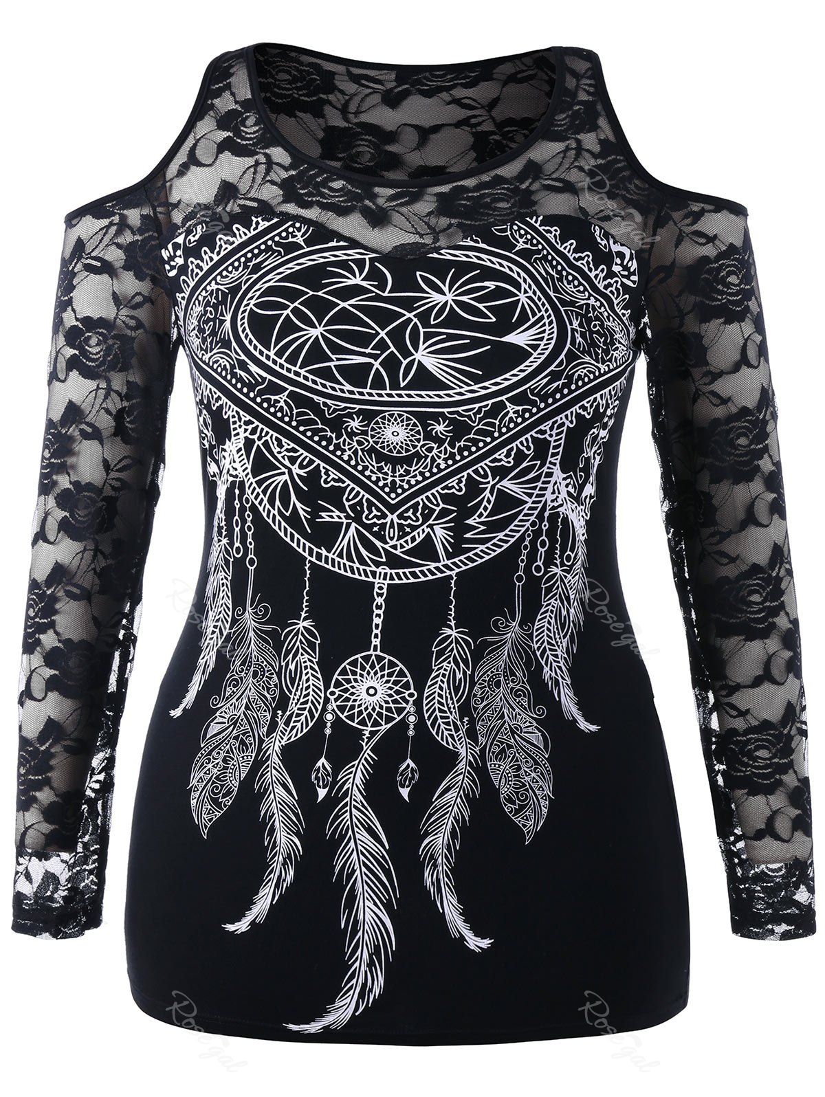 

Plus Size Dreamcatcher Print Lace Embroidered T-shirt, Black