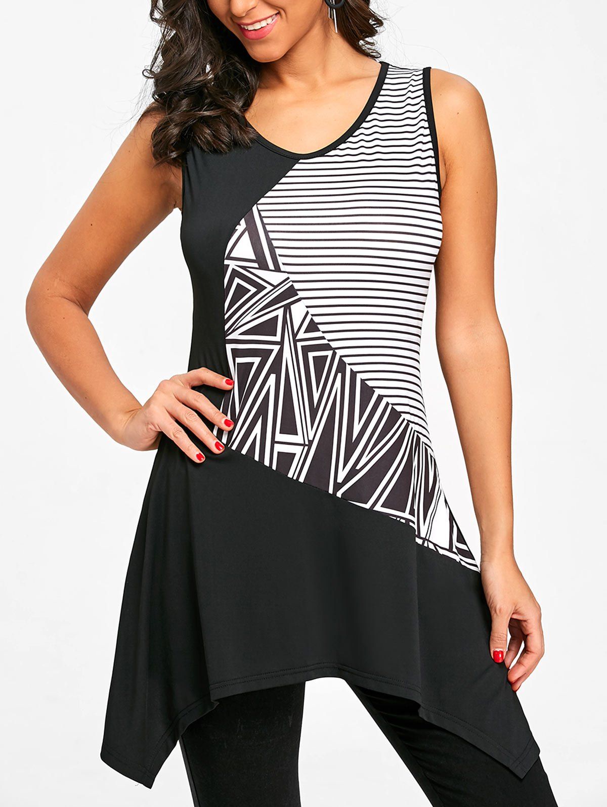 

Geometric Print Sleeveless Long T-shirt, White and black