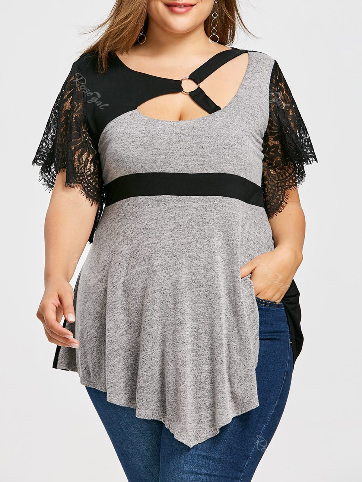 

Plus Size Empire Waist Bell Sleeve Harness T-shirt, Light gray