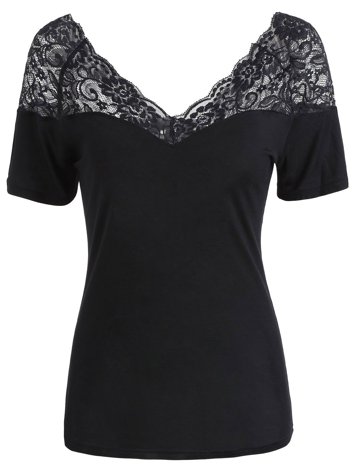 

Semi Sheer Lace Insert V Neck T-shirt, Black