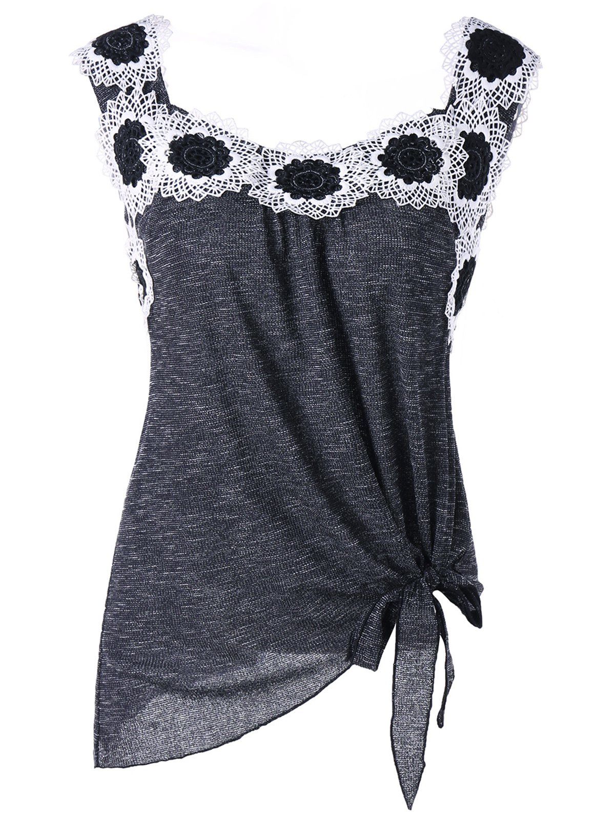 

Floral Appliqued Tie Hem Asymmetric Tank Top, Black