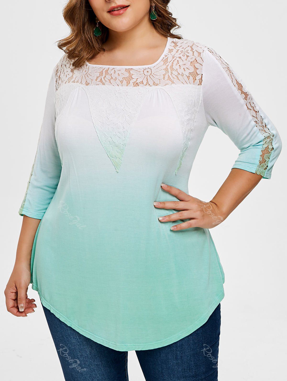 

Plus Size Lace Yoke Ombre T-shirt, Blue green