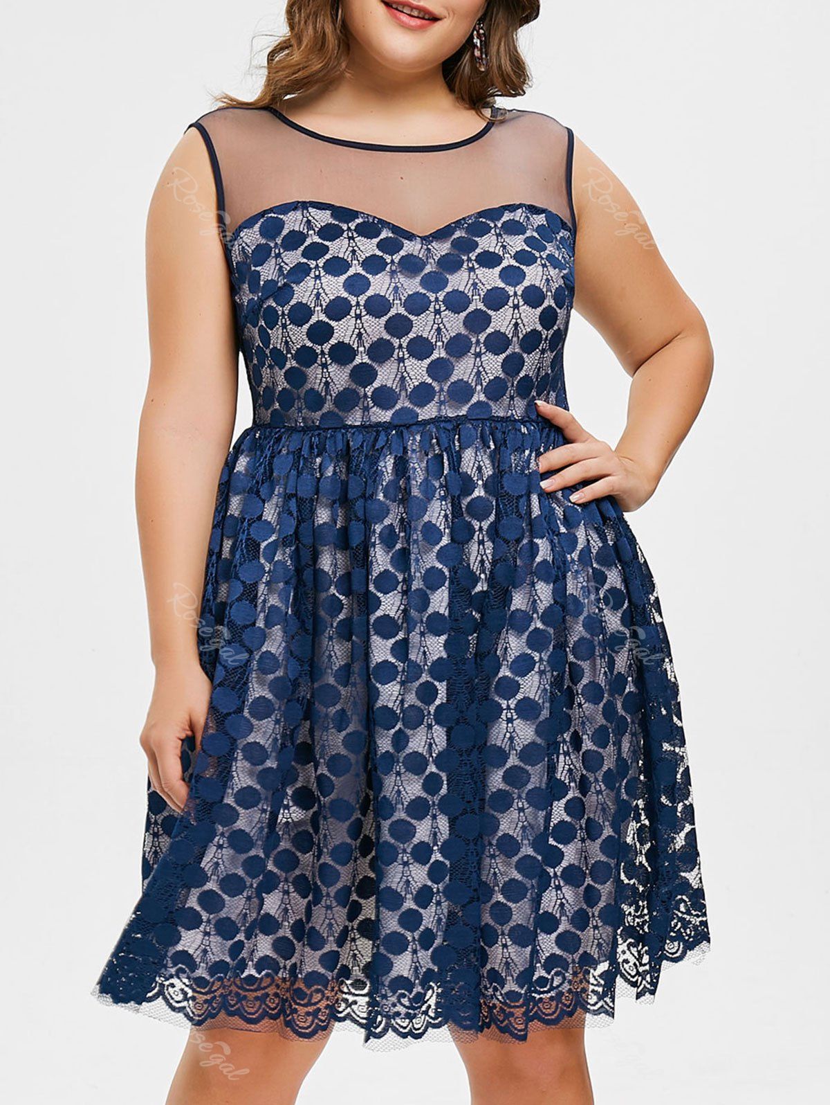 

Plus Size Polka Dot Lace Dress, Steel blue