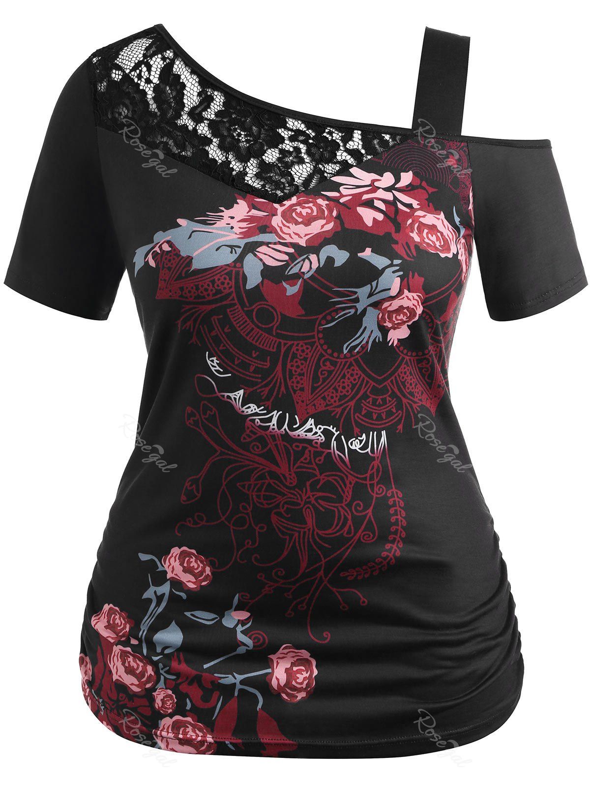

Plus Size Lace Trim Skew Collar T-shirt, Black