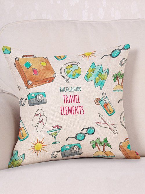 

Travel Elements Print Decorative Linen Sofa Pillowcase, Multi