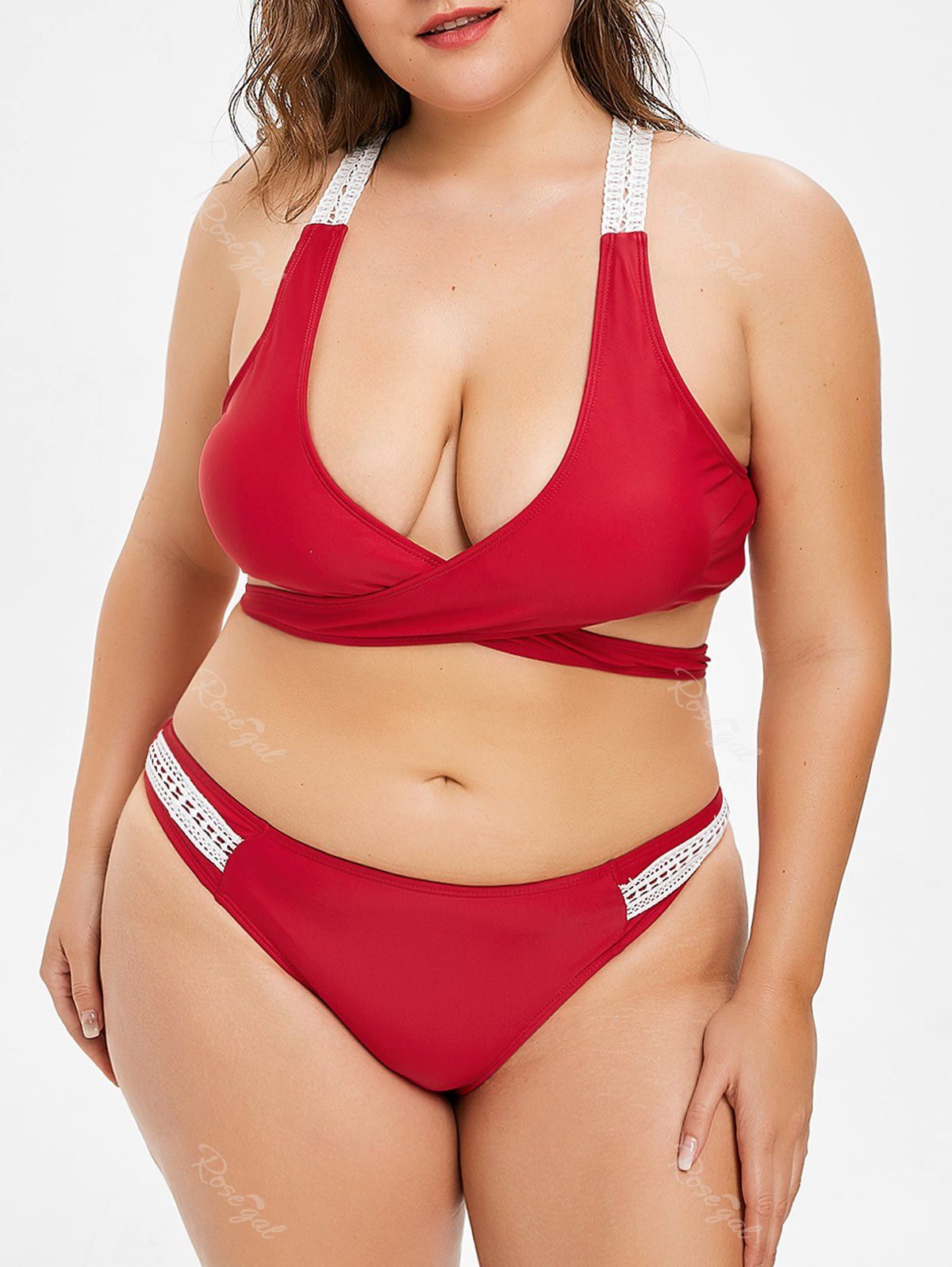 

Racerback Lace Panel Plus Size Wrap Bikini, Red wine