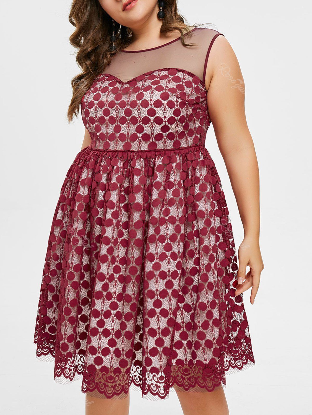

Plus Size Polka Dot Lace Dress, Red wine