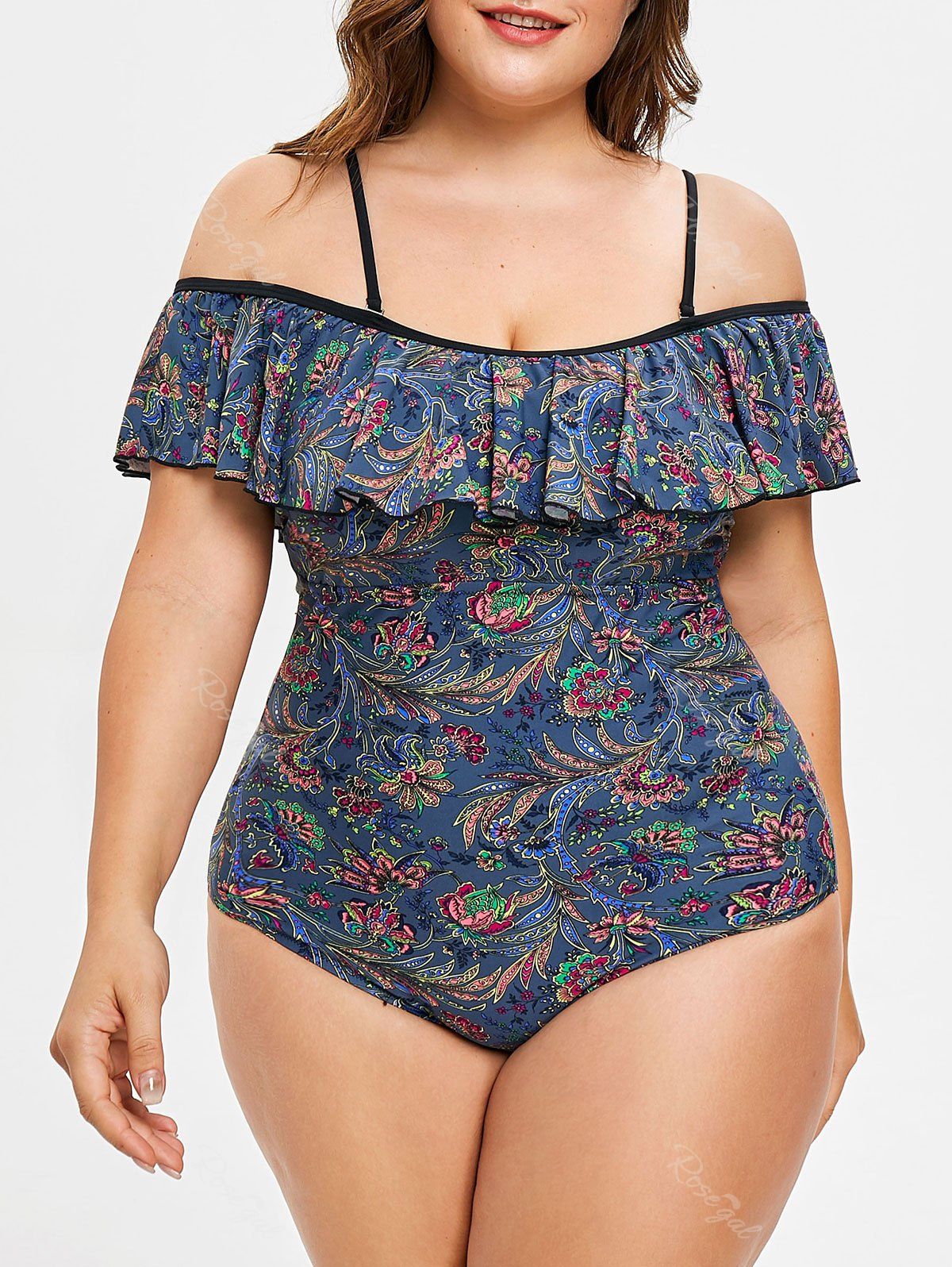 

Plus Size Flower Print Ruffle Swimsuit, Jet gray
