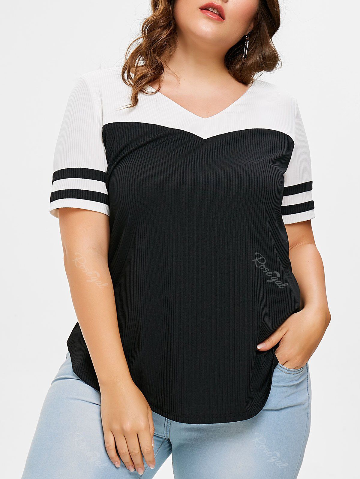 

Plus Size Two Tone V Neck T-shirt, Black