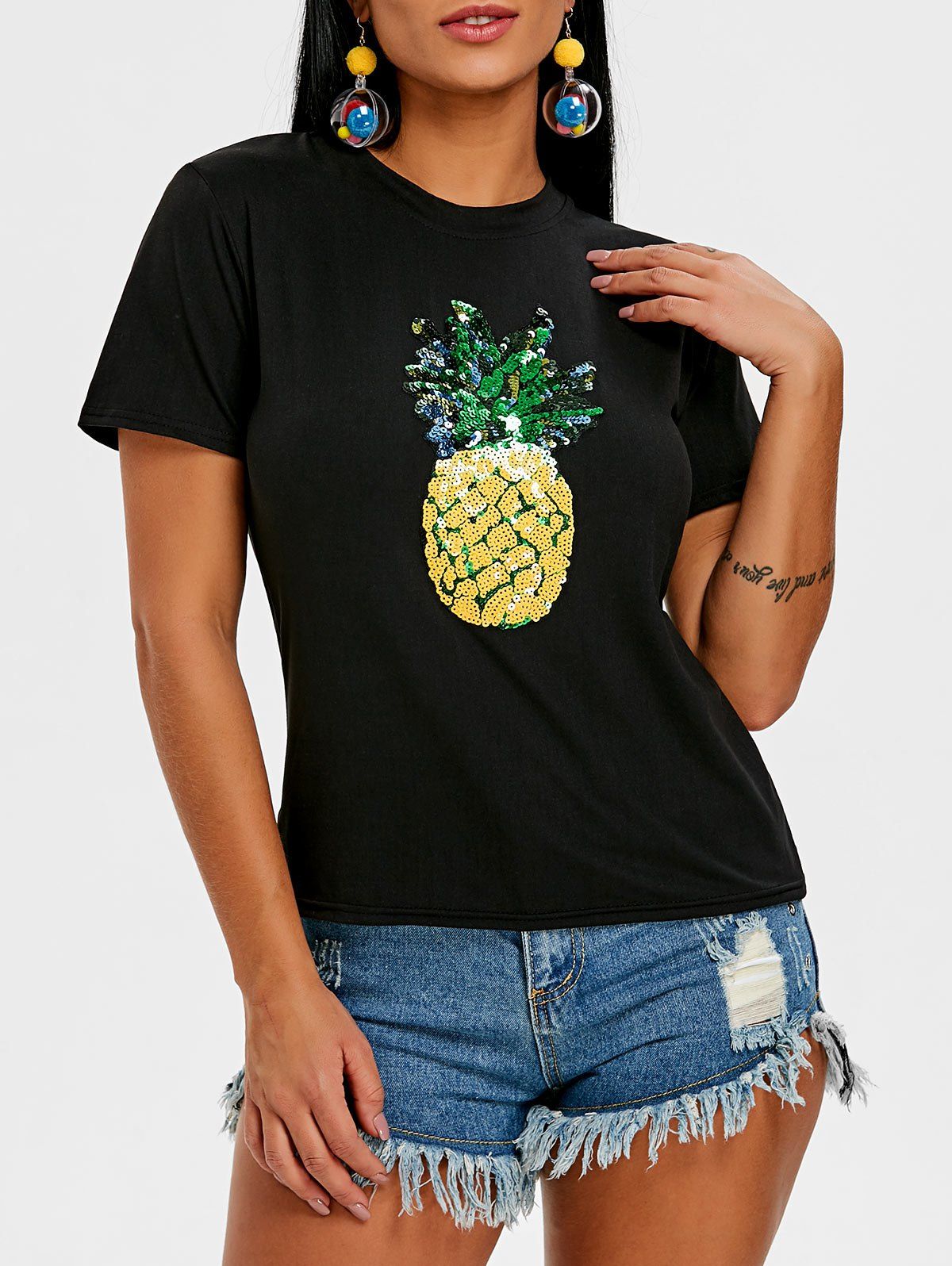 

Sequin Pineapple Pattern Round Neck Tee, Black