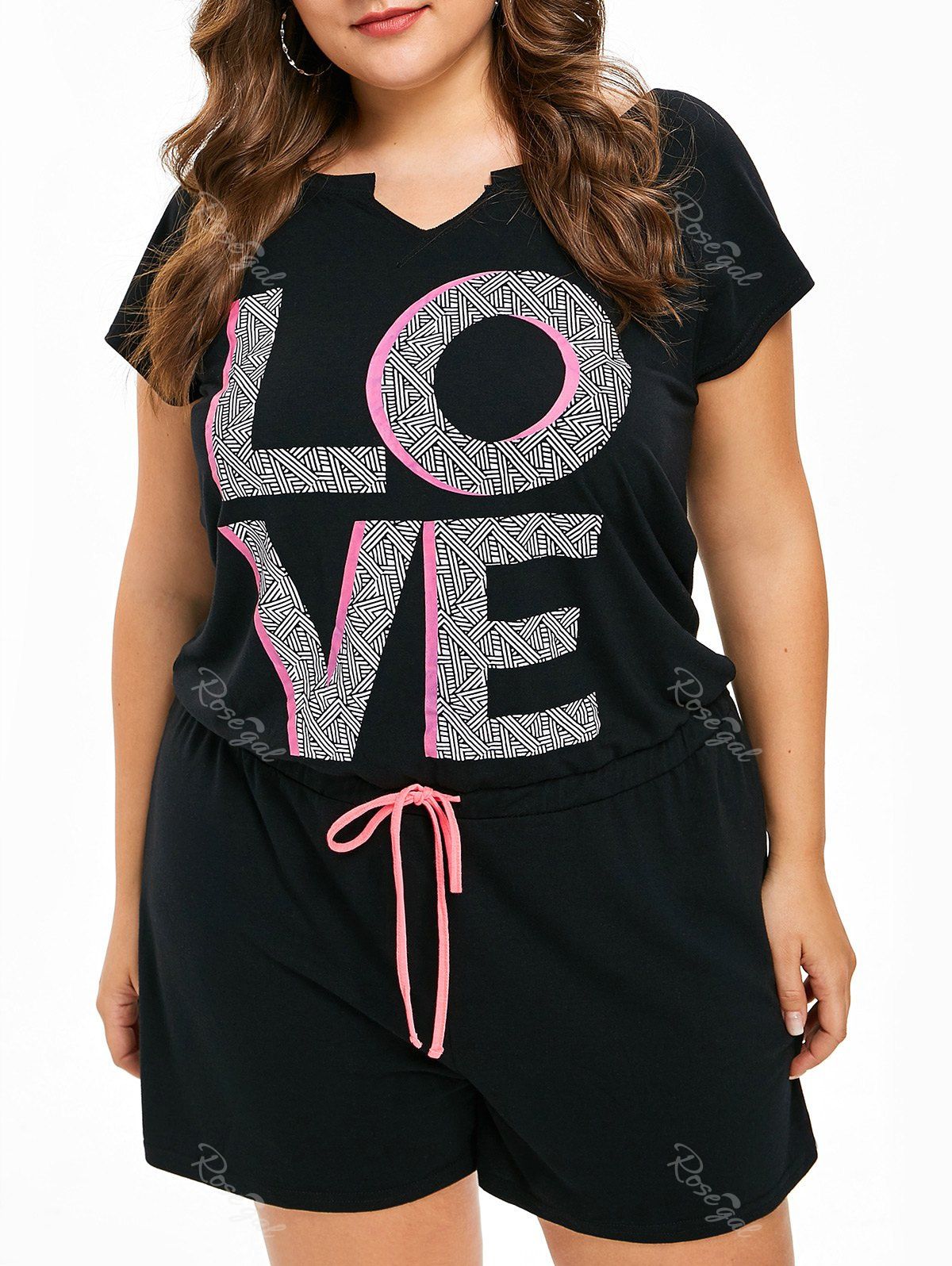 

FRENCH BAZAAR Plus Size Love Print Cutout Back Waistline Casual Romper, Black
