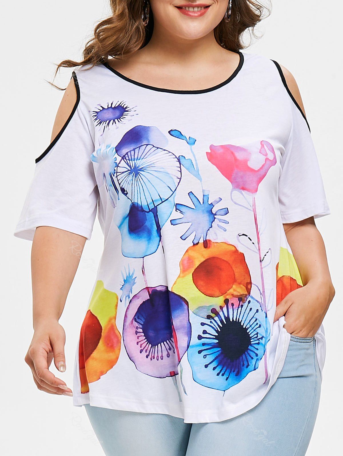 

Plus Size Open Shoulder Jellyfish T-shirt, White