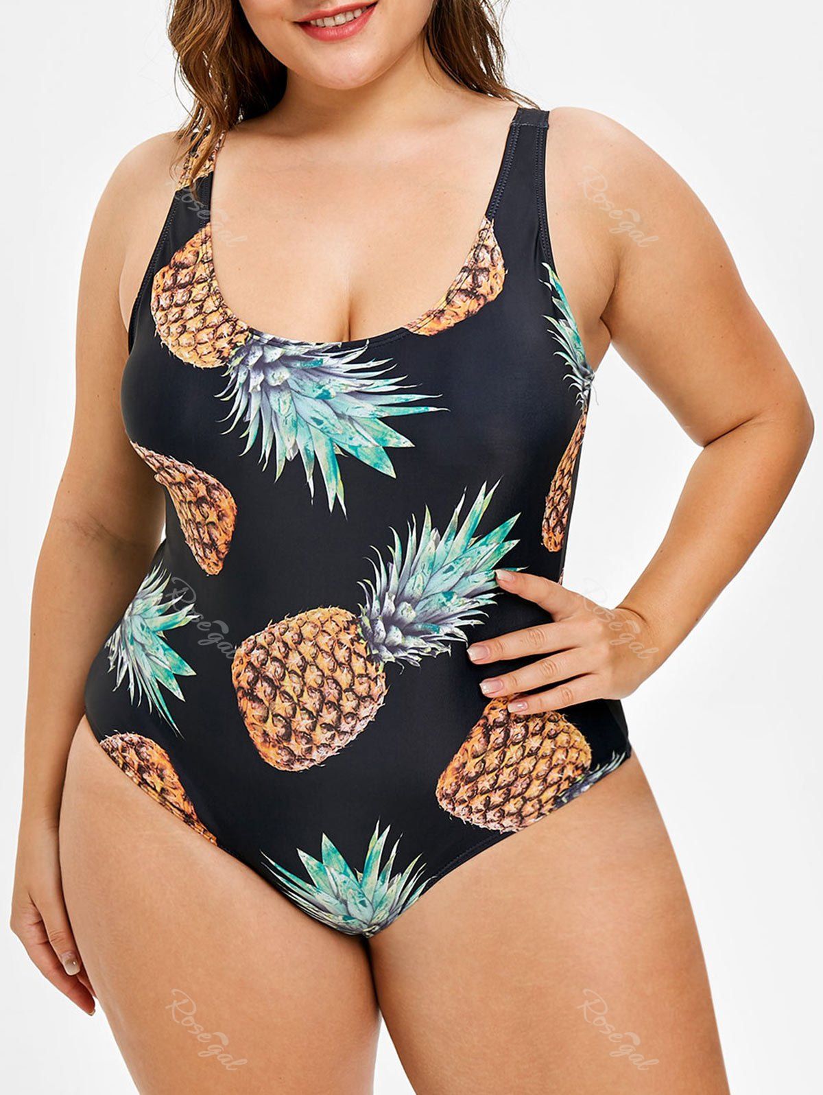 

Plus Size Pineapple Print Open Back Swimsuit, Black