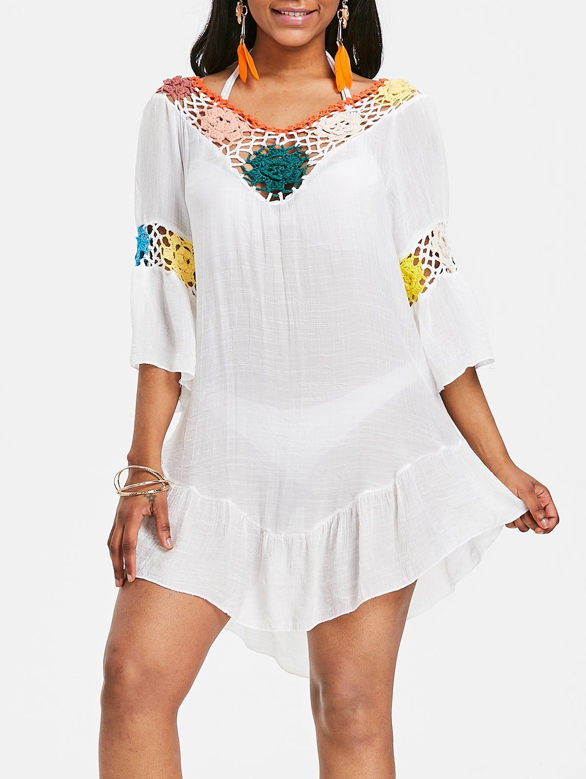 Fashion Backless Flounce Crochet Insert Tunic Cover Up  