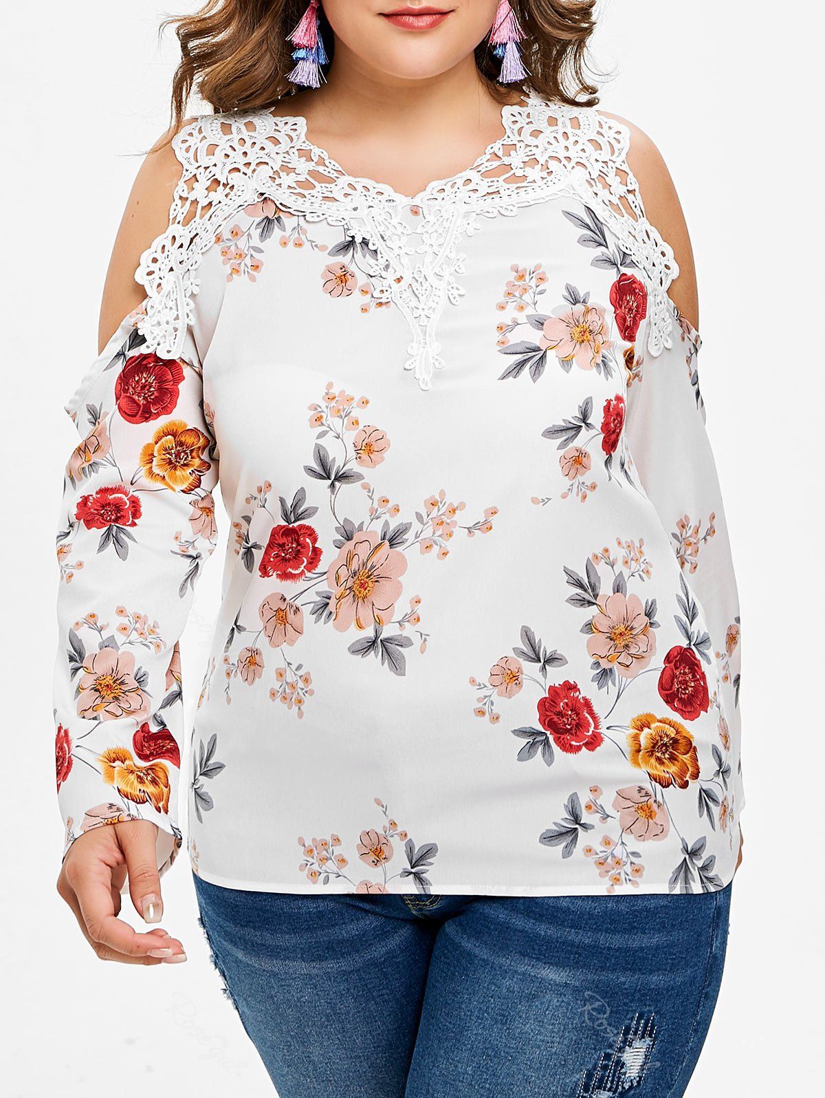 

Plus Size Crochet Cold Shoulder Blouse, White