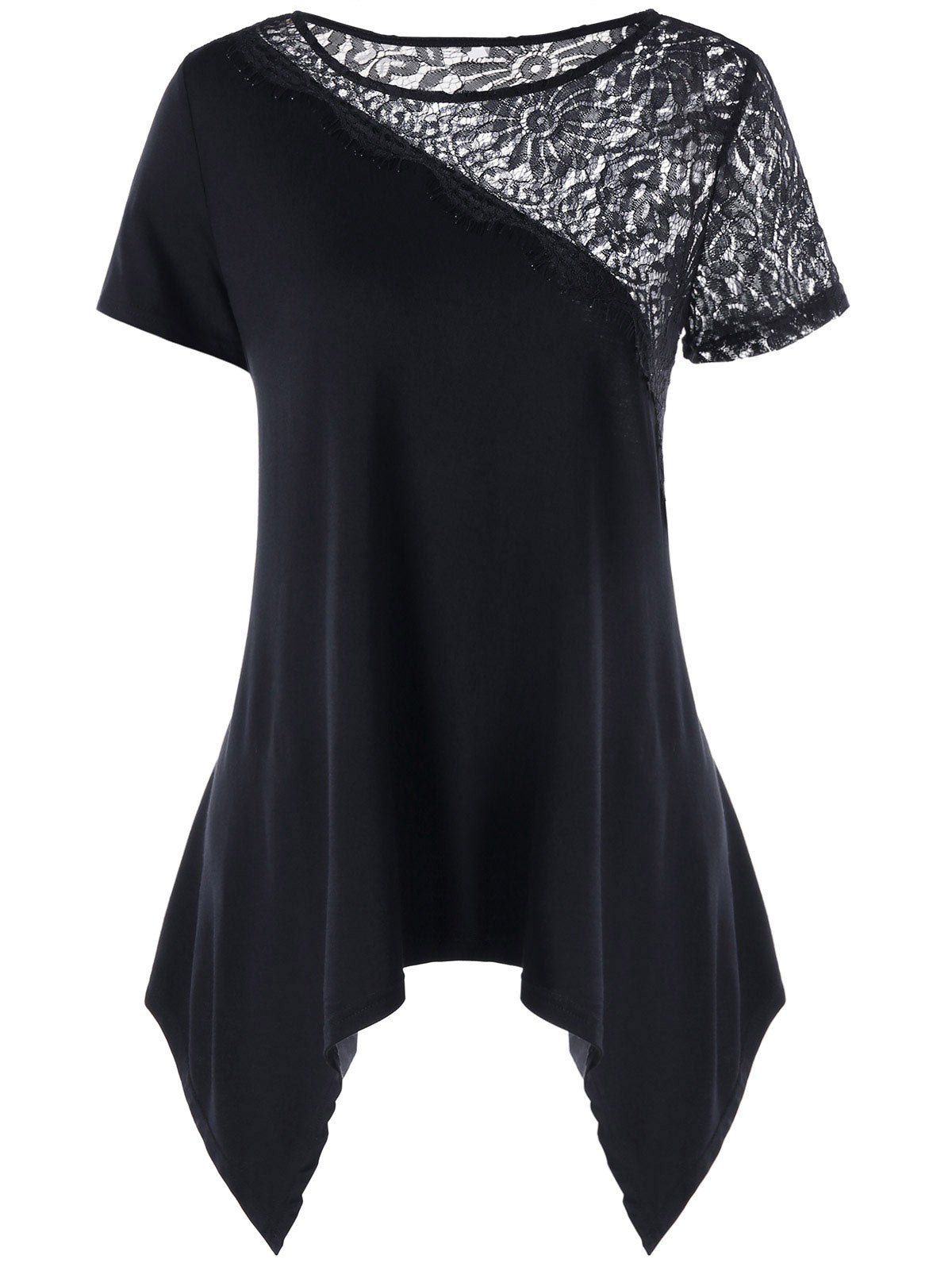 

Lace Panel Asymmetric Hem T-shirt, Black