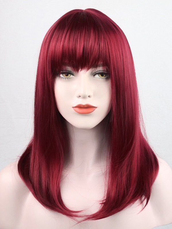 

Long Full Bang Straight Synthetic Party Wig, Rose red