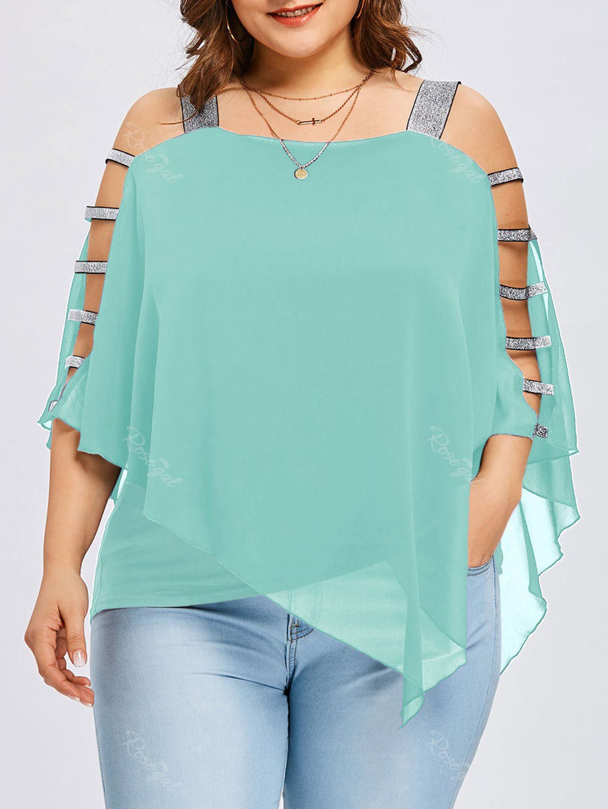 

Plus Size Ladder Cut Flowy Blouse, Mint green