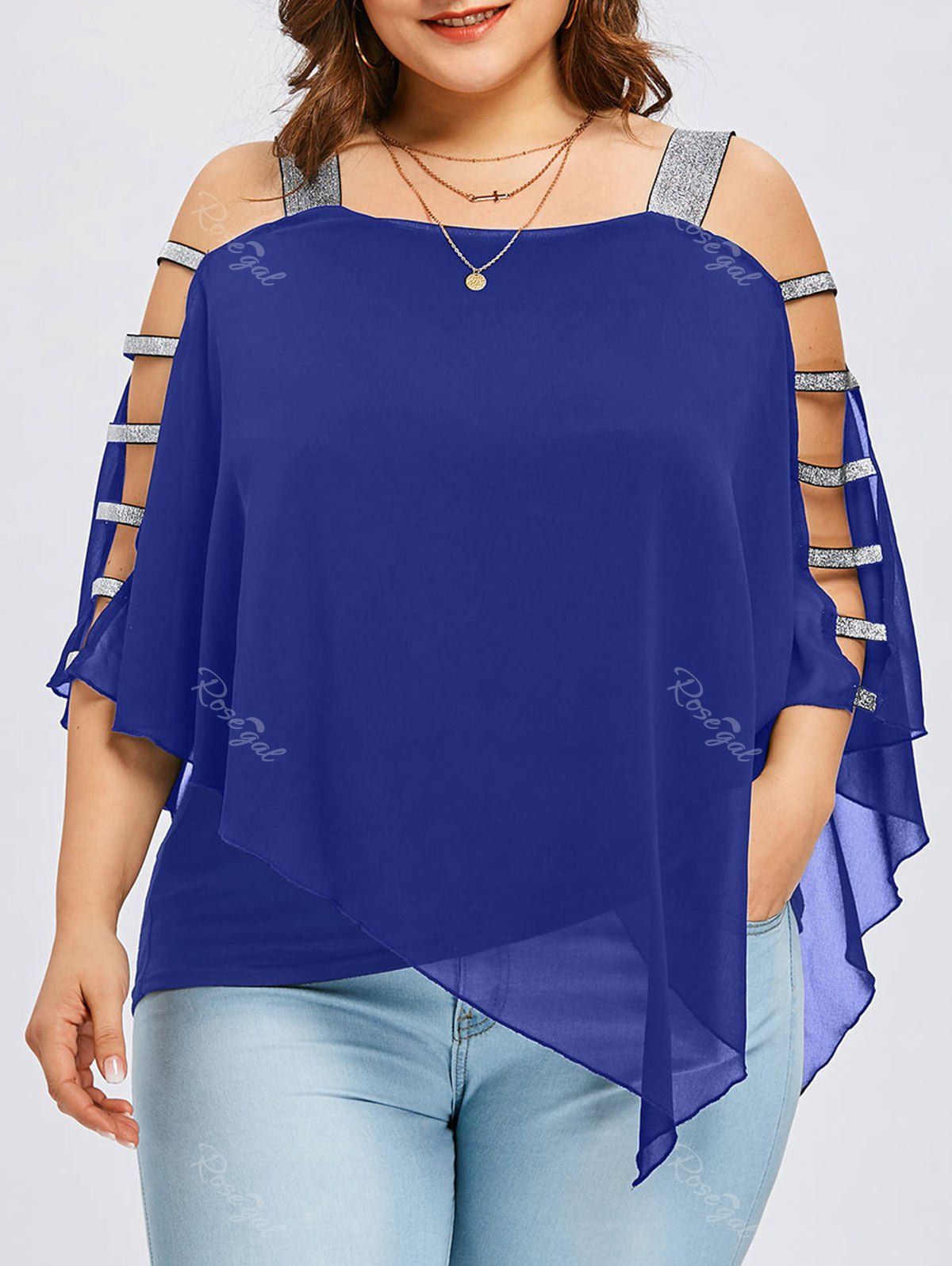 

Plus Size Ladder Cut Flowy Blouse, Blue