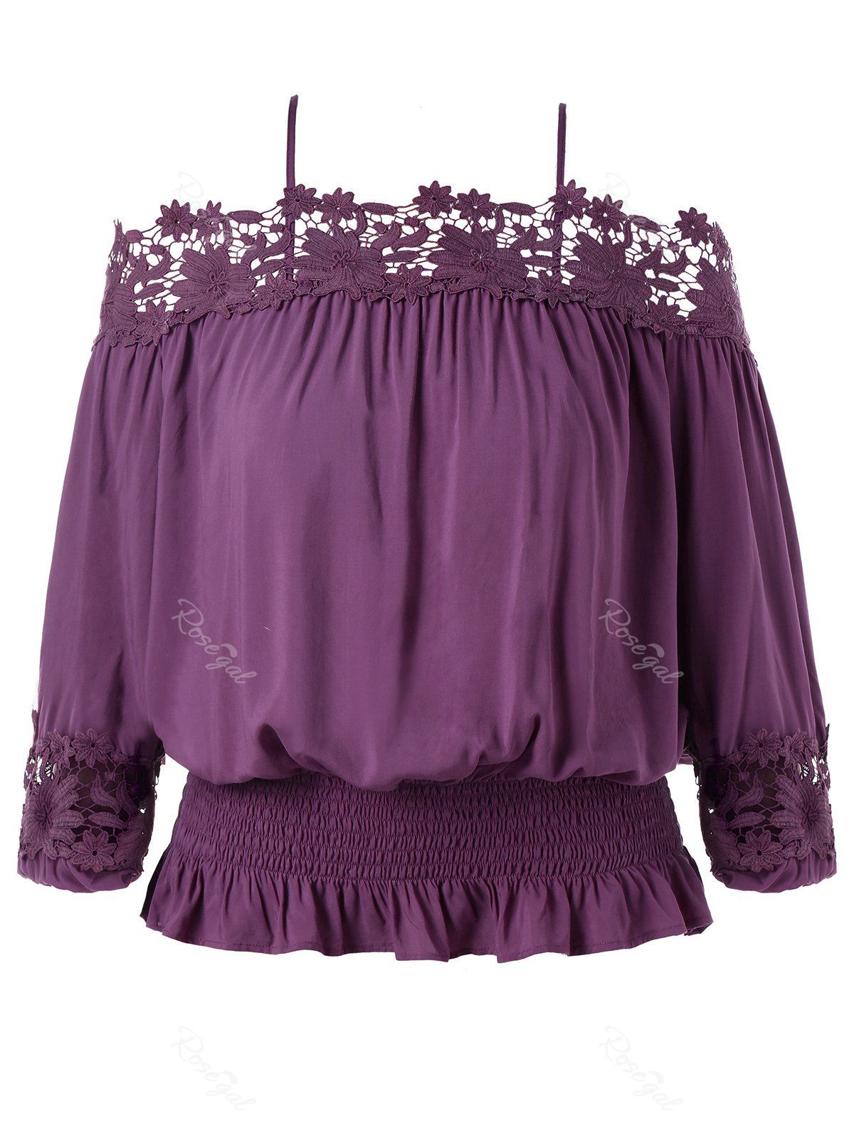 

Plus Size Cutwork Cold Shoulder Smocked Blouse, Purple jam