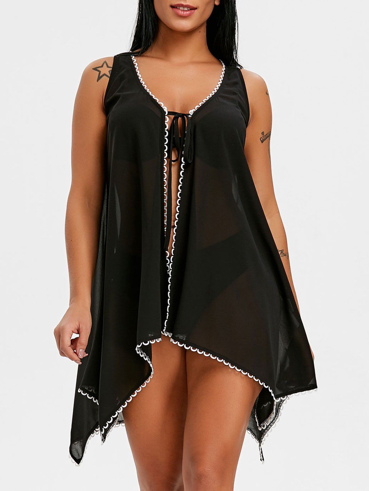 

Fish Scale Trim Sleeveless Handkerchief Cover Up, Black