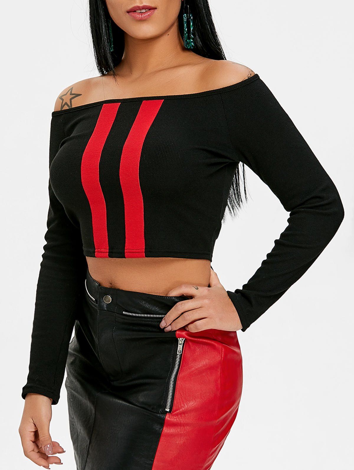 

Color Block Off Shoulder Crop Top, Black