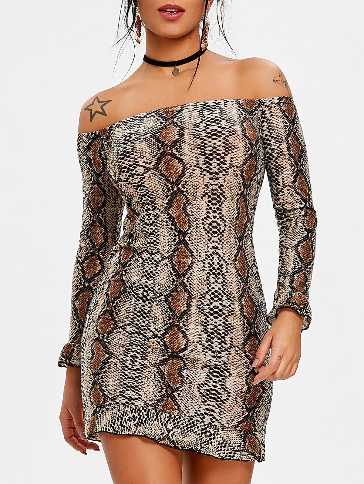 

Off Shoulder Leopard Print Tunic Dress, Deep brown