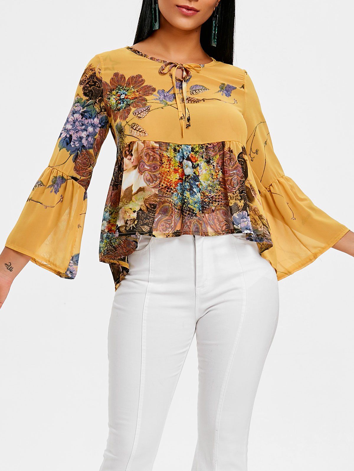 

Floral Flare Sleeve Chiffon Peplum Blouse, Yellow