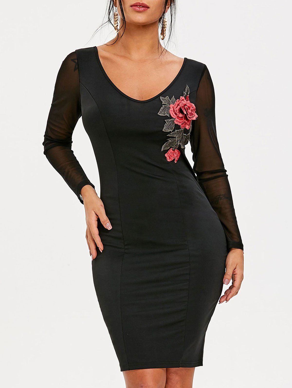 

Sheer Sleeve Embroidered Club Dress, Black