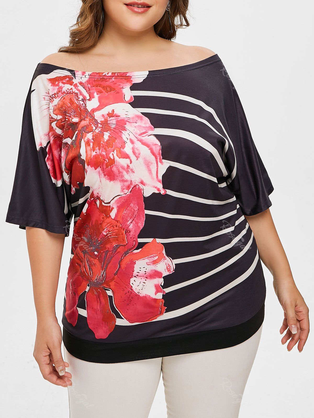

Plus Size Slash Neck Batwing Sleeve Floral T-shirt, Black