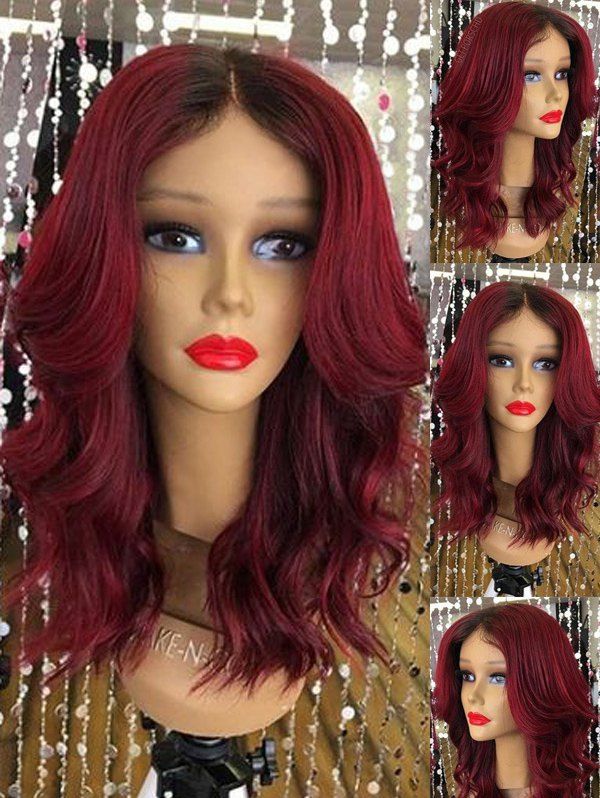

Long Center Parting Ombre Wavy Synthetic Wig, Red wine