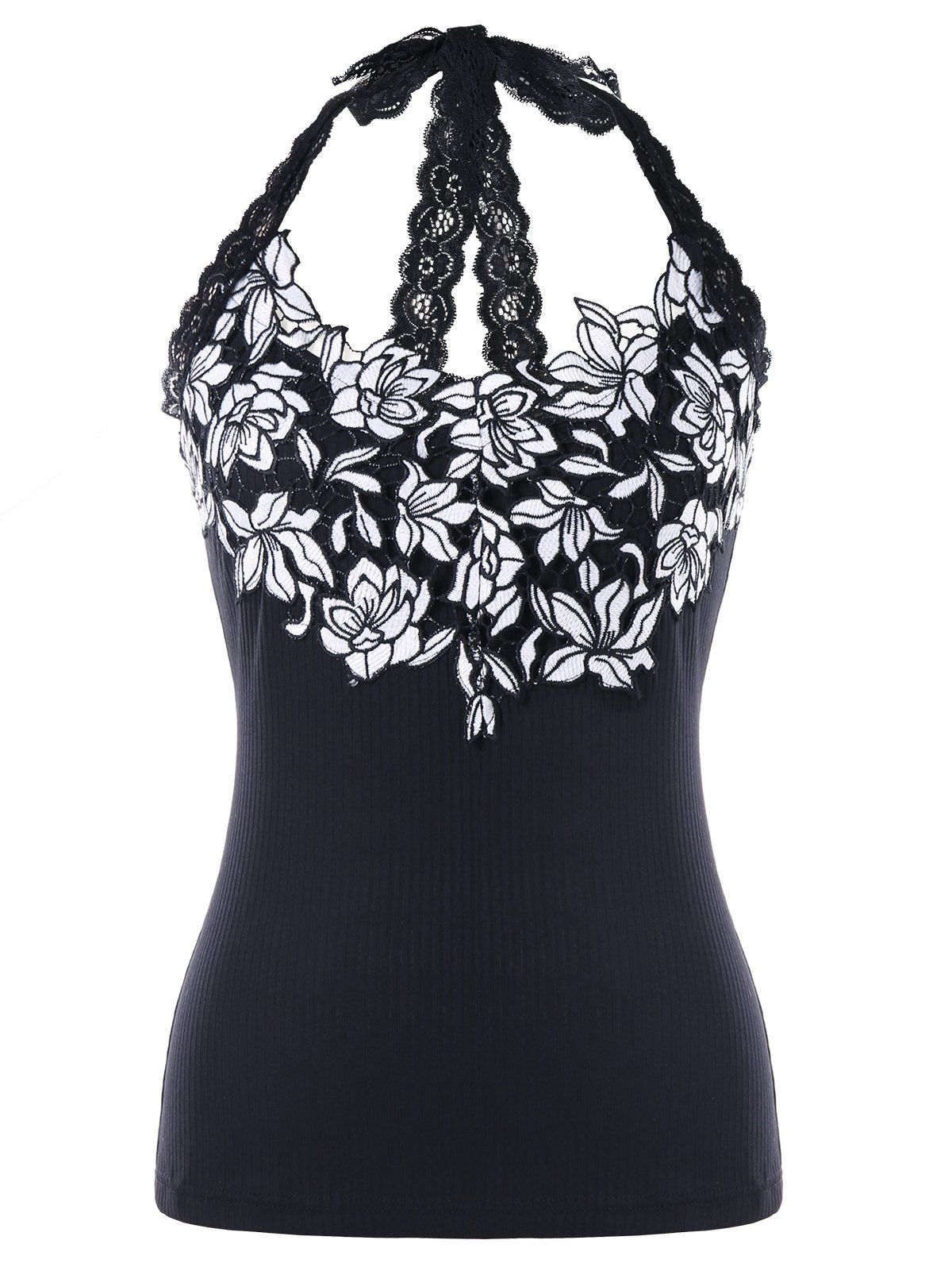 

Ribbed Lace Embroidered Sleeveless Halter Top, Black